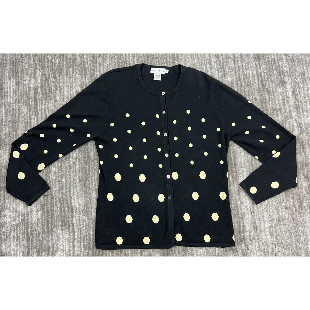 Sport Haley Cardigan Womens Medium Black Cream Polka Dot Button Front Cotton Ble